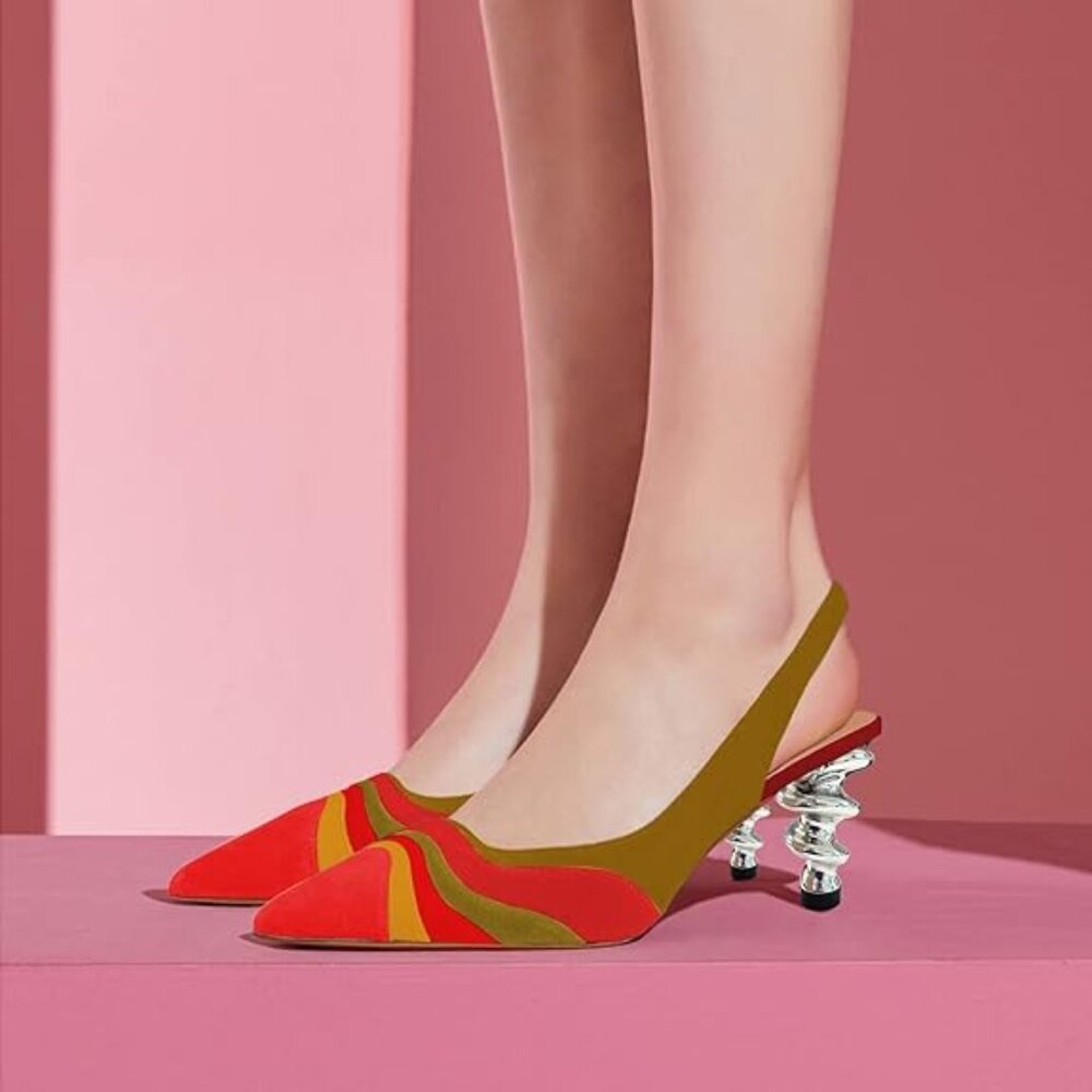 FOWT Rainbow Color Stripes Strange Spiral High Heel Pumps Slip On Pointed Toe